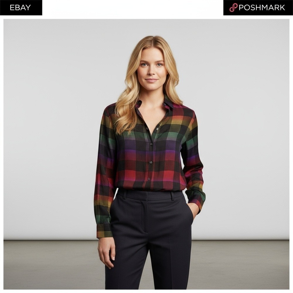Vintage Gucci 100% Silk Rainbow Plaid Shirt/Blouse - Size US 8-10
